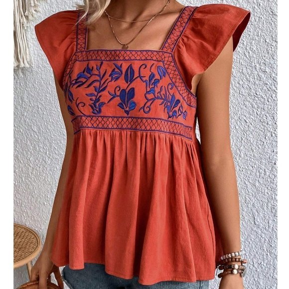 MODA ME COUTURE Tops - Boho Plants Embroidery Ruffle Trim Blouse Orange